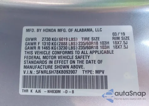 2019 Honda Odyssey Ex-L из США, поврежденный, VIN 5FNRL6H78KB093907